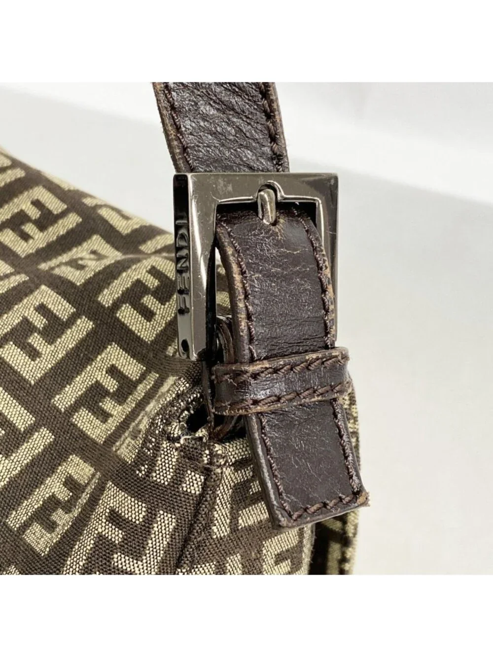 Fendi Handbag Zucchino Mamma Bucket Nylon Canvas Brown Silver